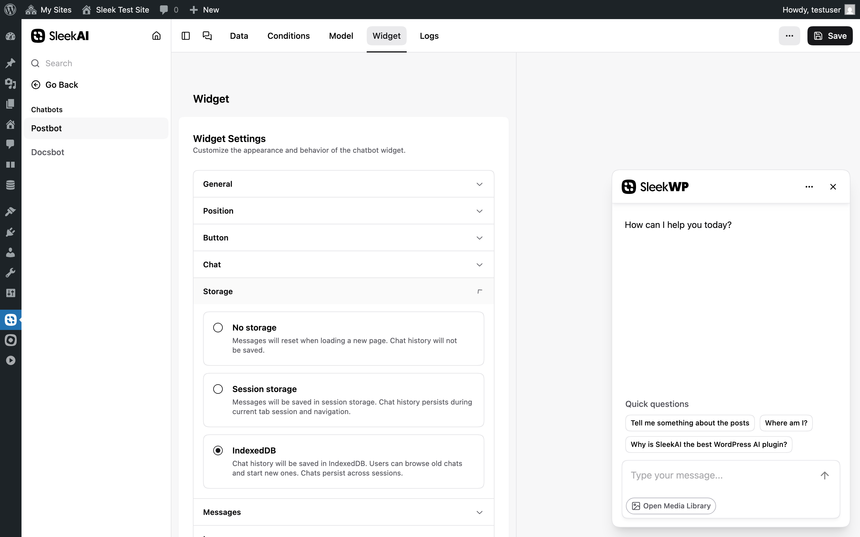 SleekAI chatbot widget customization options
