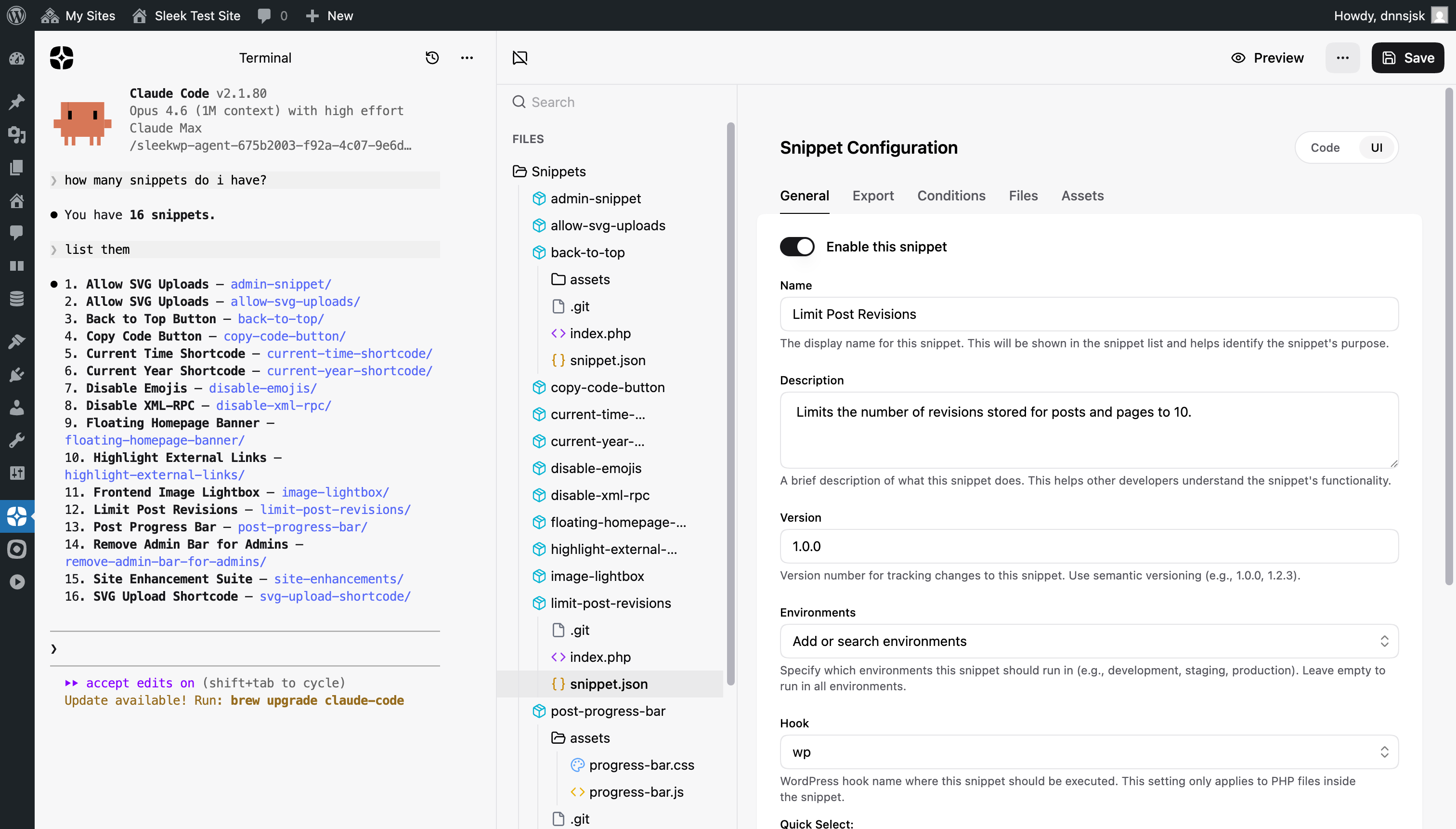 Claude Code terminal session inside SleekByte