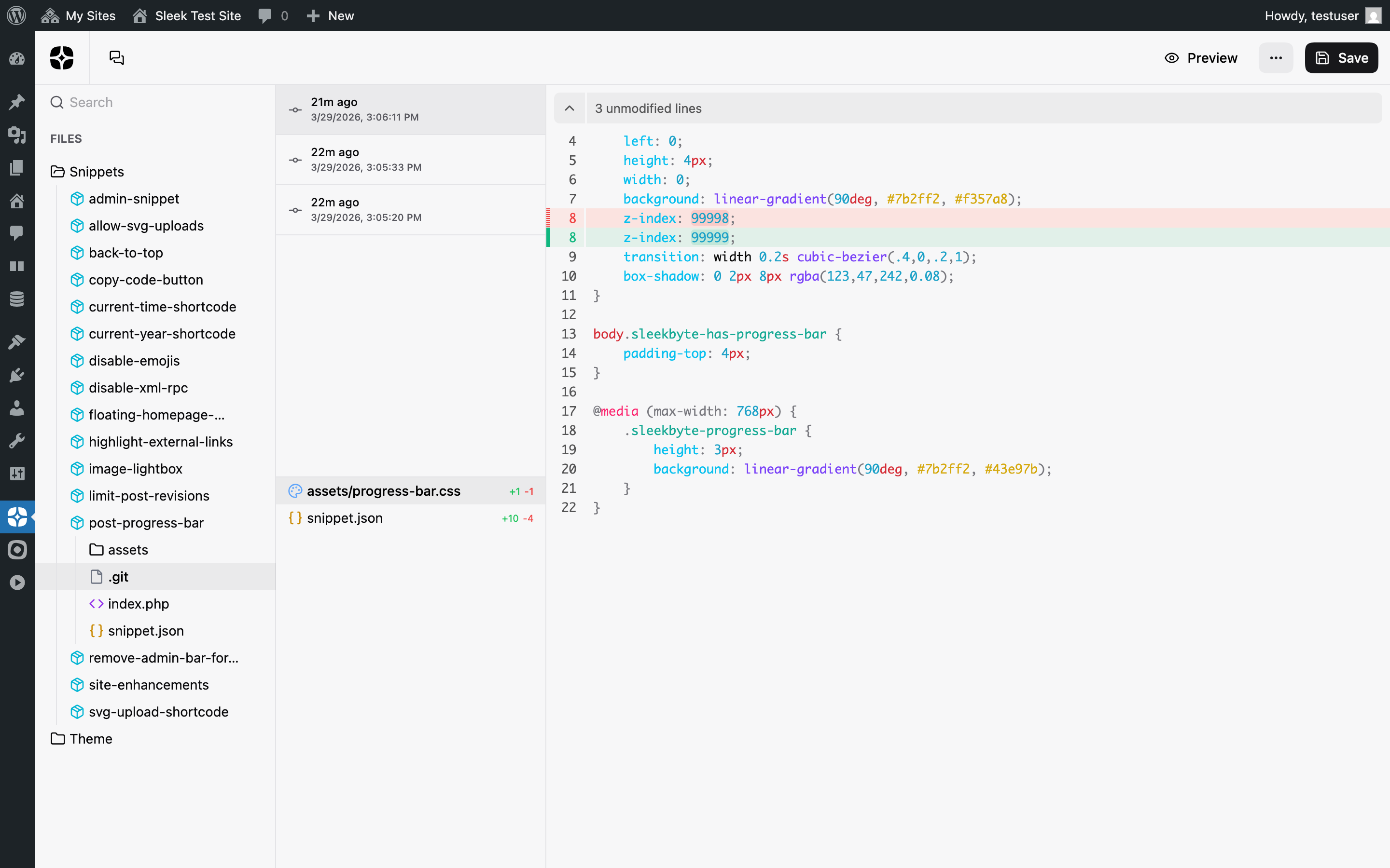 Git history viewer with commit list and inline diff