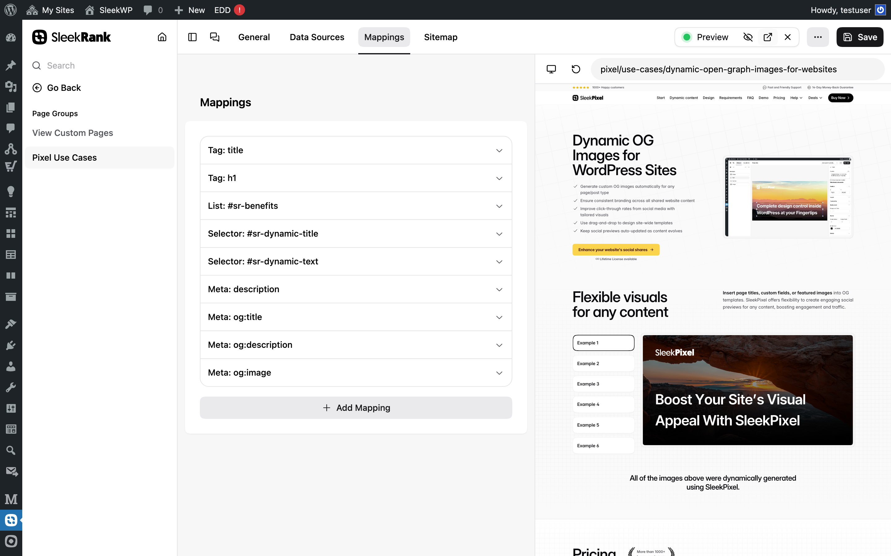 SleekRank admin mappings editor with live preview