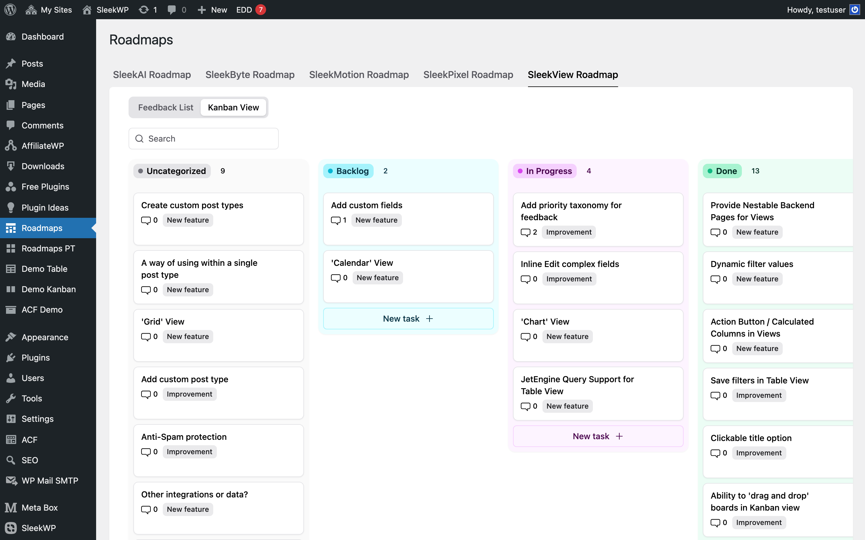Custom admin pages screenshot