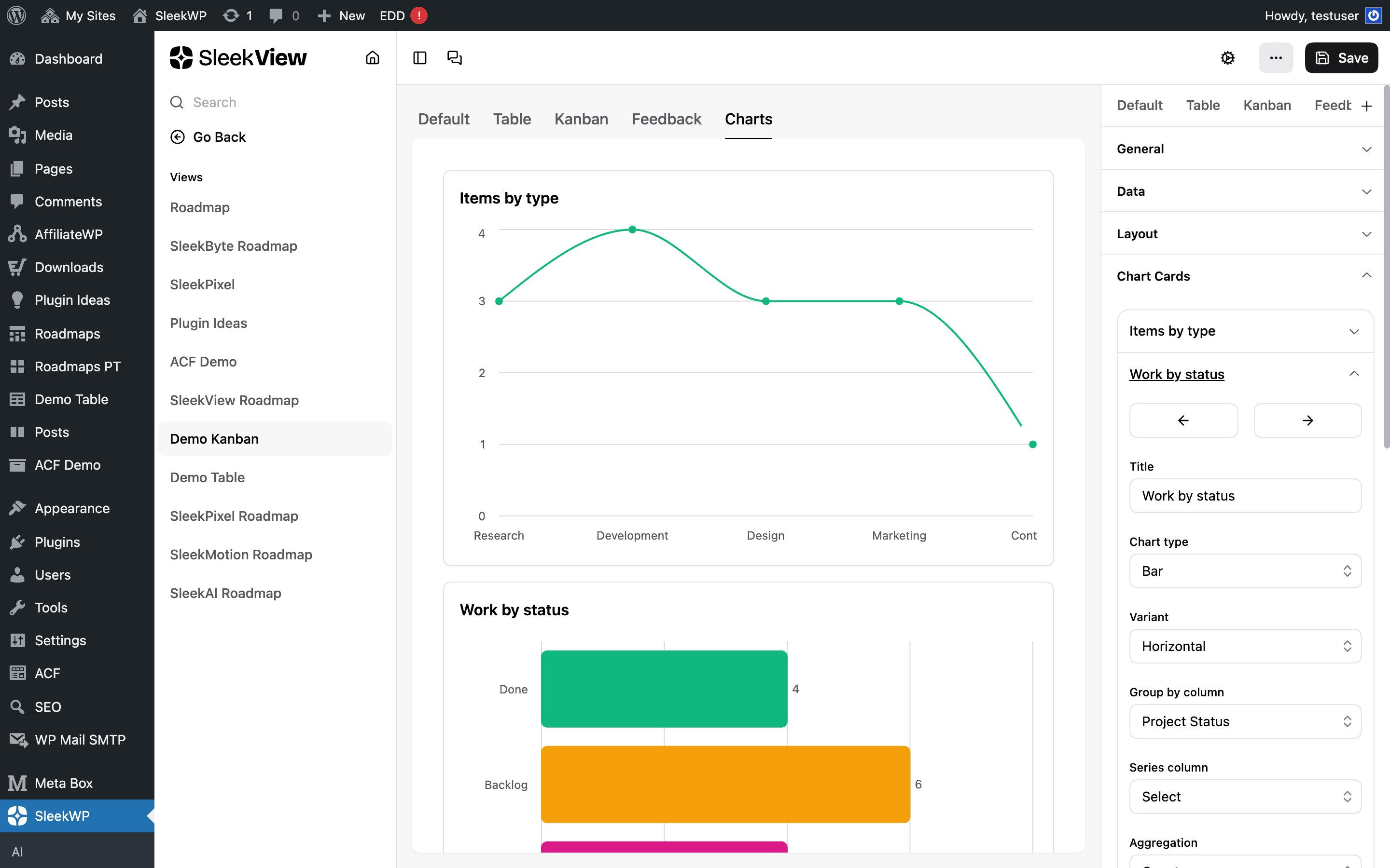SleekView chart card settings interface
